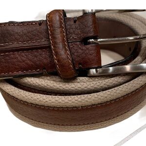 Brown & Tan Leather and Woven Textile Belt Sz 51”-55” Big & Tall Silver Buckle